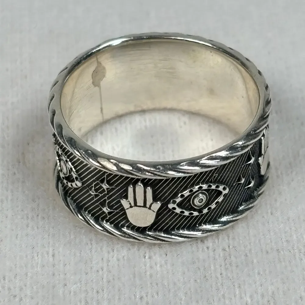 Celestial Hamsa Evil Eye Sterling Silver Ring Vintage ATI 925 Mexico Size 8.75